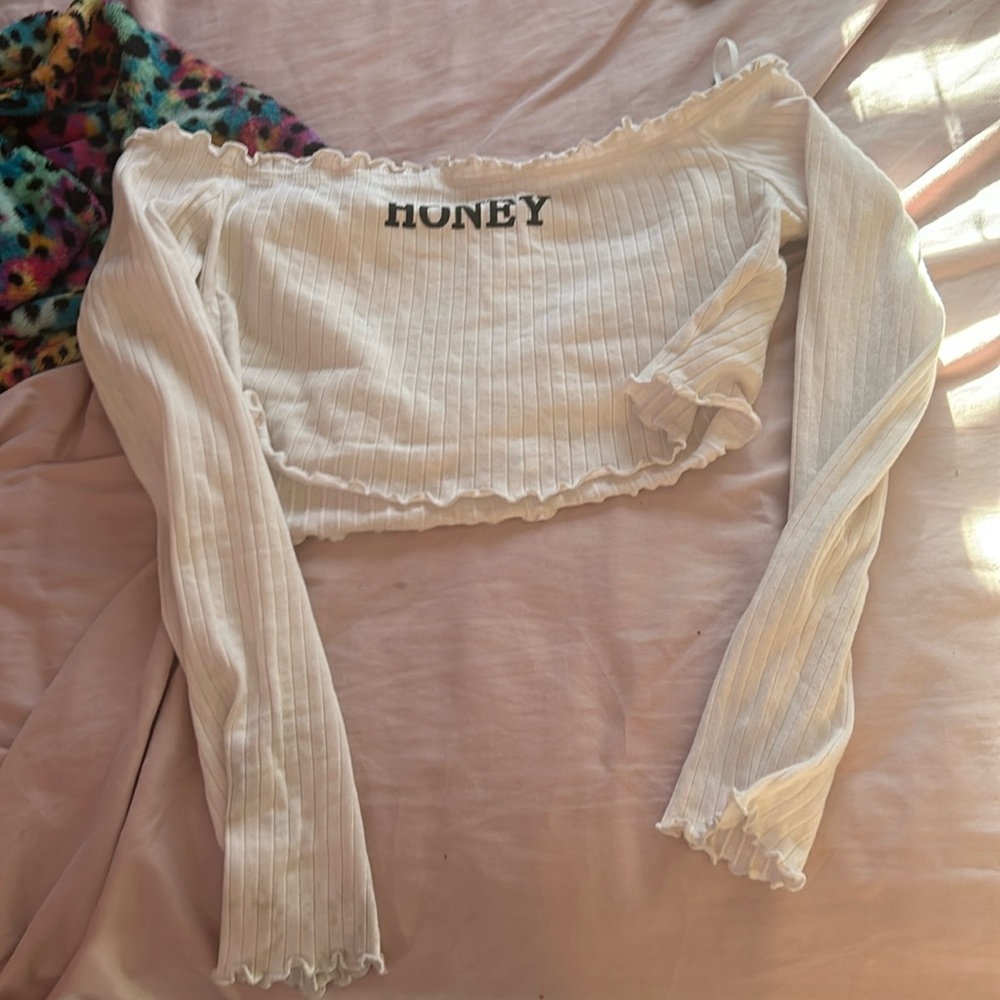 white long sleeve off the shoulder